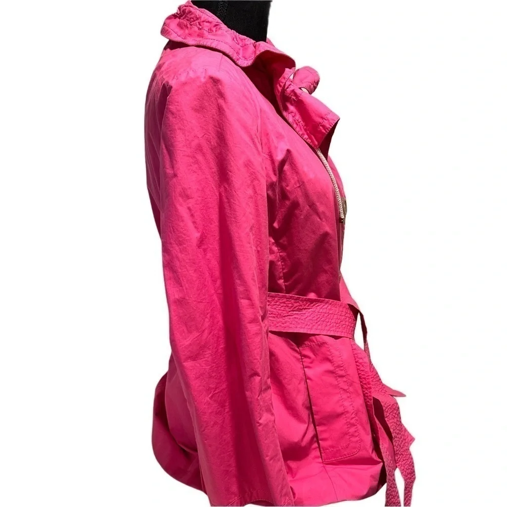 J. Crew Trench Coat Hot Pink Lightweight Lined Belted Ruffled Collar L EUC